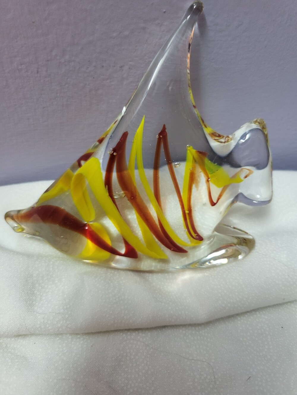 Handblown Art Glass Angel Fish Sculpture in Yellow and Red Swirls